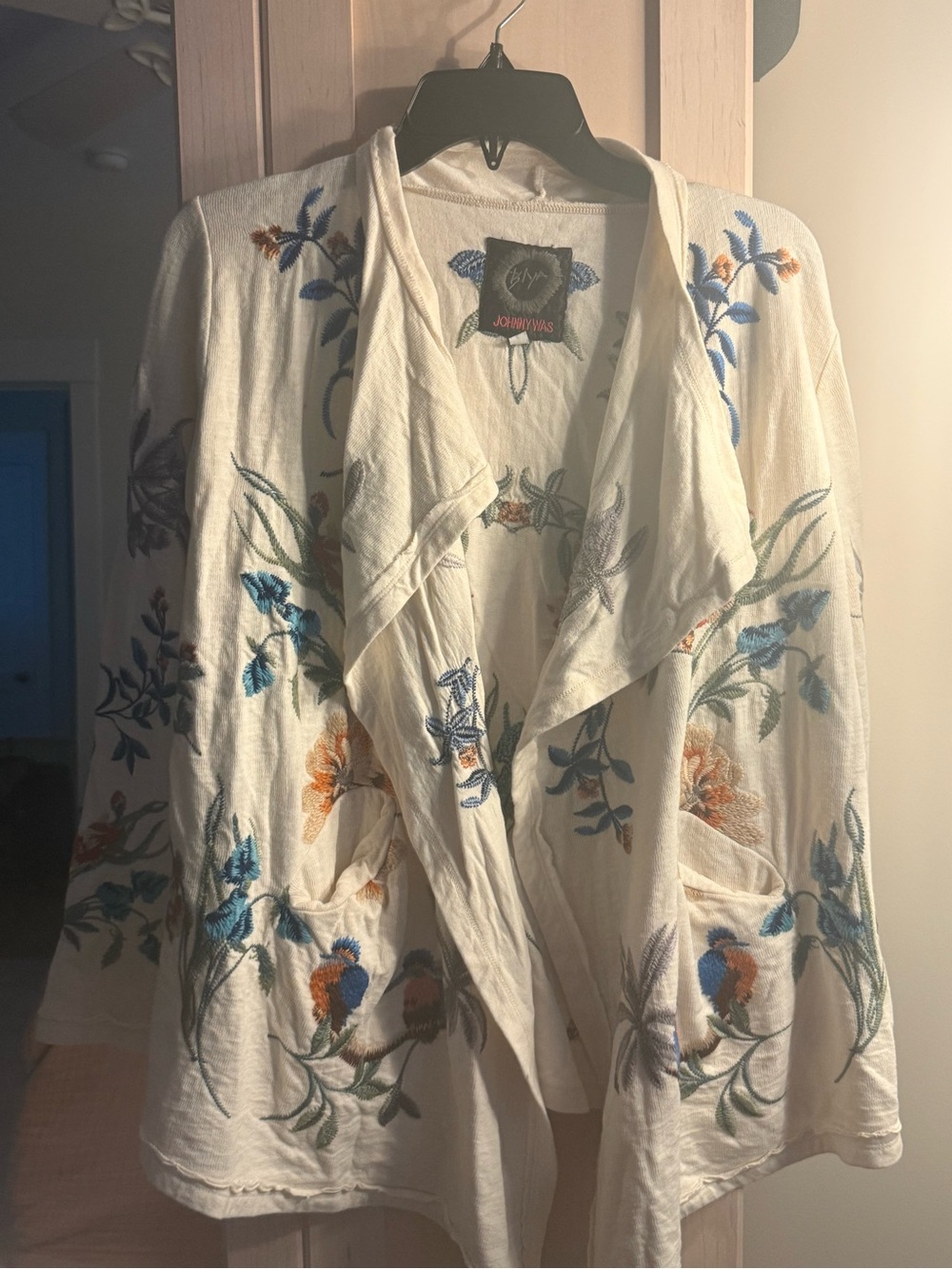 Johnny Was Cream Embroidered Floral Top with Black Logo Patch